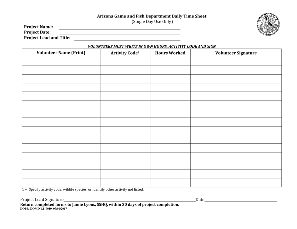 Form 9019 Volunteer Daily Time Sheet - Arizona, Page 1