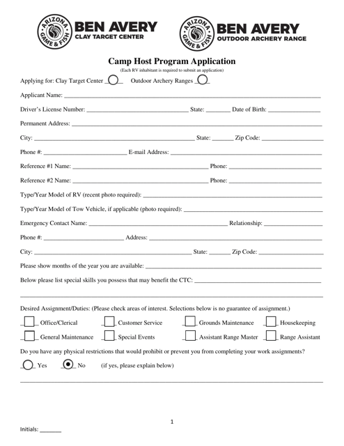 Camp Host Program Application - Arizona
