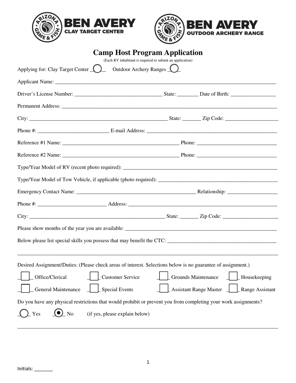 Camp Host Program Application - Arizona, Page 1