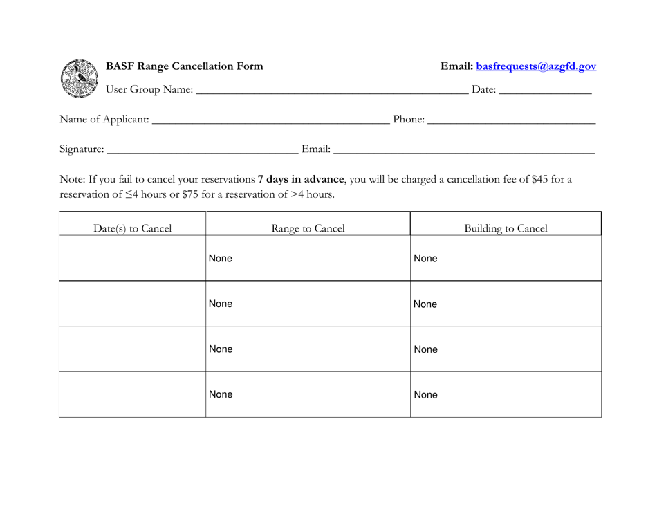 Basf Range Cancellation Form - Arizona, Page 1