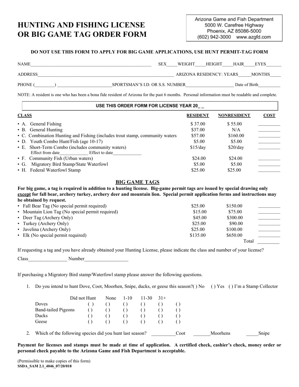 Form 4046 Hunting and Fishing License or Big Game Tag Order Form - Arizona, Page 1