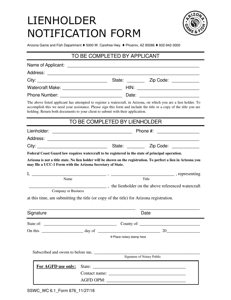 Form 676 Lienholder Notification Form - Arizona, Page 1