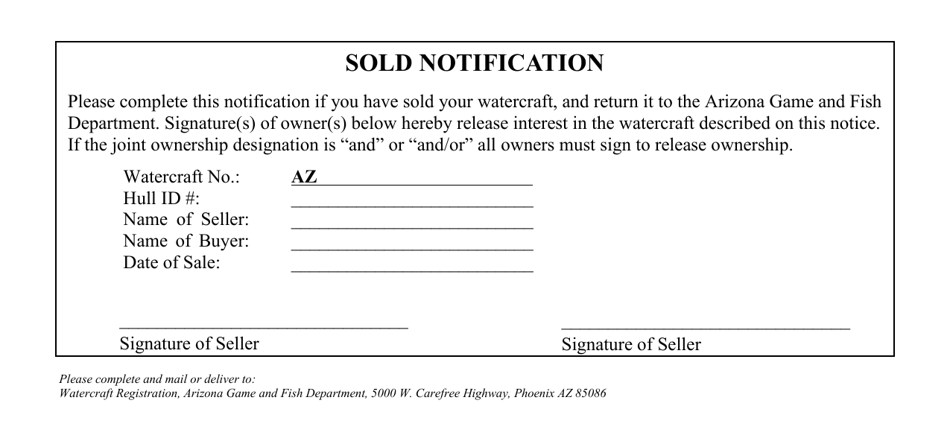 Watercraft Sold Notice - Arizona, Page 1