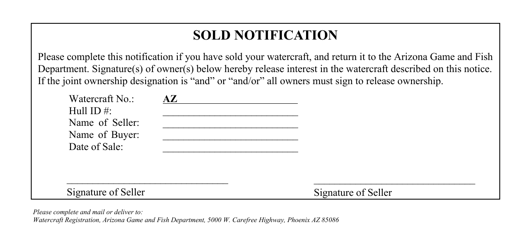 Document preview: Watercraft Sold Notice - Arizona