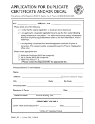 Form 1503 &quot;Application for Duplicate Certificate and/or Decal&quot; - Arizona