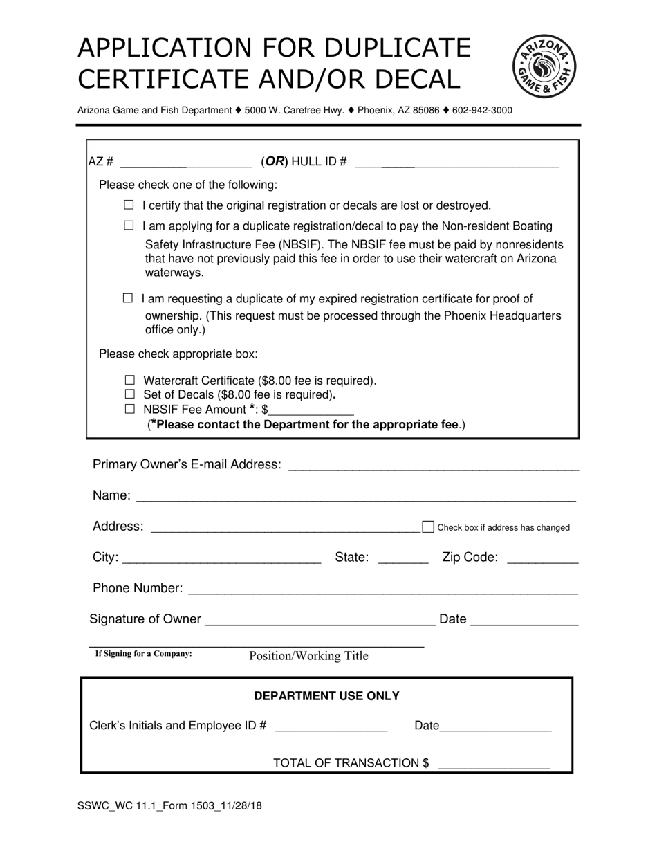Form 1503 Application for Duplicate Certificate and / or Decal - Arizona, Page 1