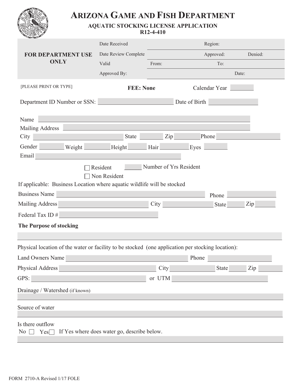 Form 2710-A Aquatic Stocking License Application - Arizona, Page 1