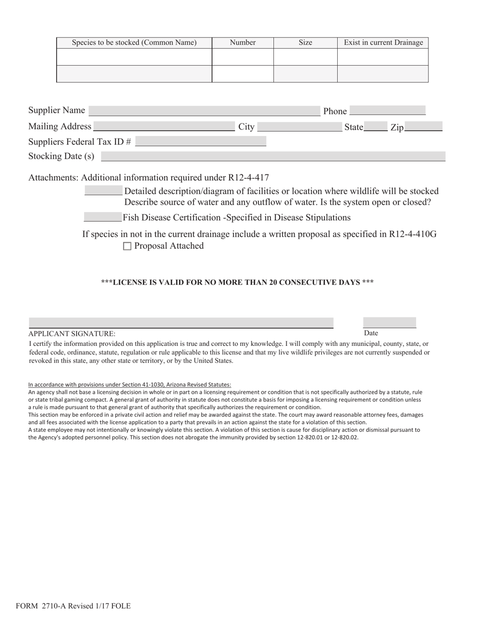 Form 2710-A Aquatic Stocking License Application - Arizona, Page 2