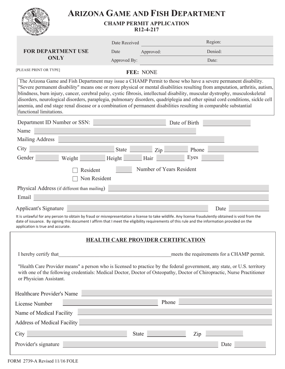 Form 2739-A Champ Permit Application - Arizona, Page 1