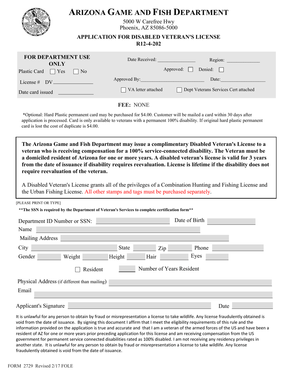 Form 2729 Application for Disabled Veterans License - Arizona, Page 1