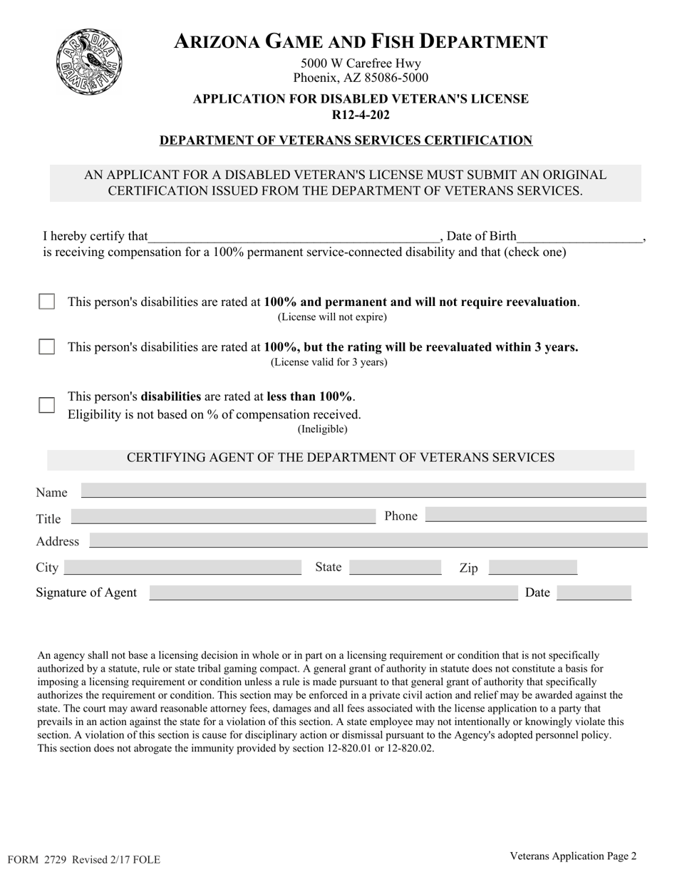 Form 2729 Application for Disabled Veterans License - Arizona, Page 2