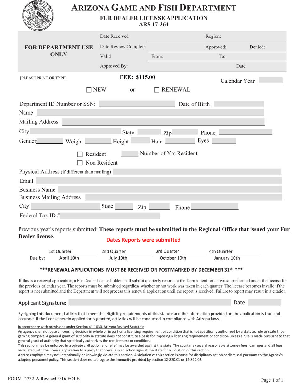 Form 2732-A Fur Dealer License Application - Arizona, Page 1