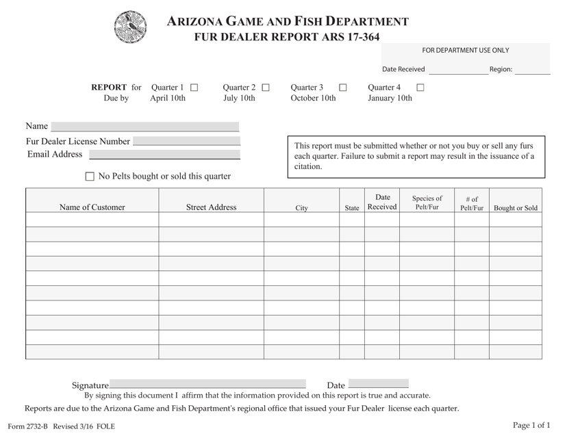 Form 2732-B Fur Dealer Report - Arizona