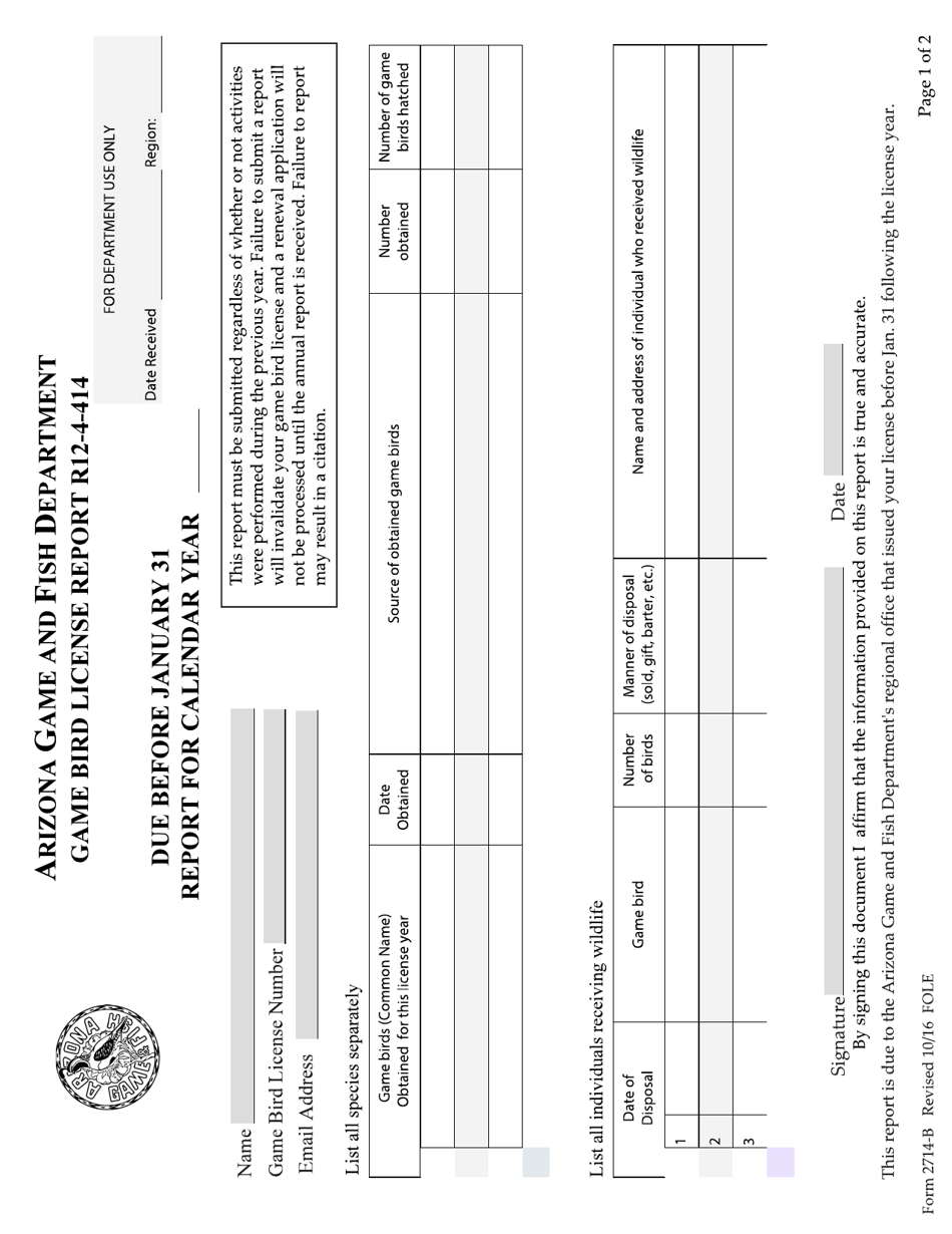 Form 2714-B Game Bird License Report - Arizona, Page 1