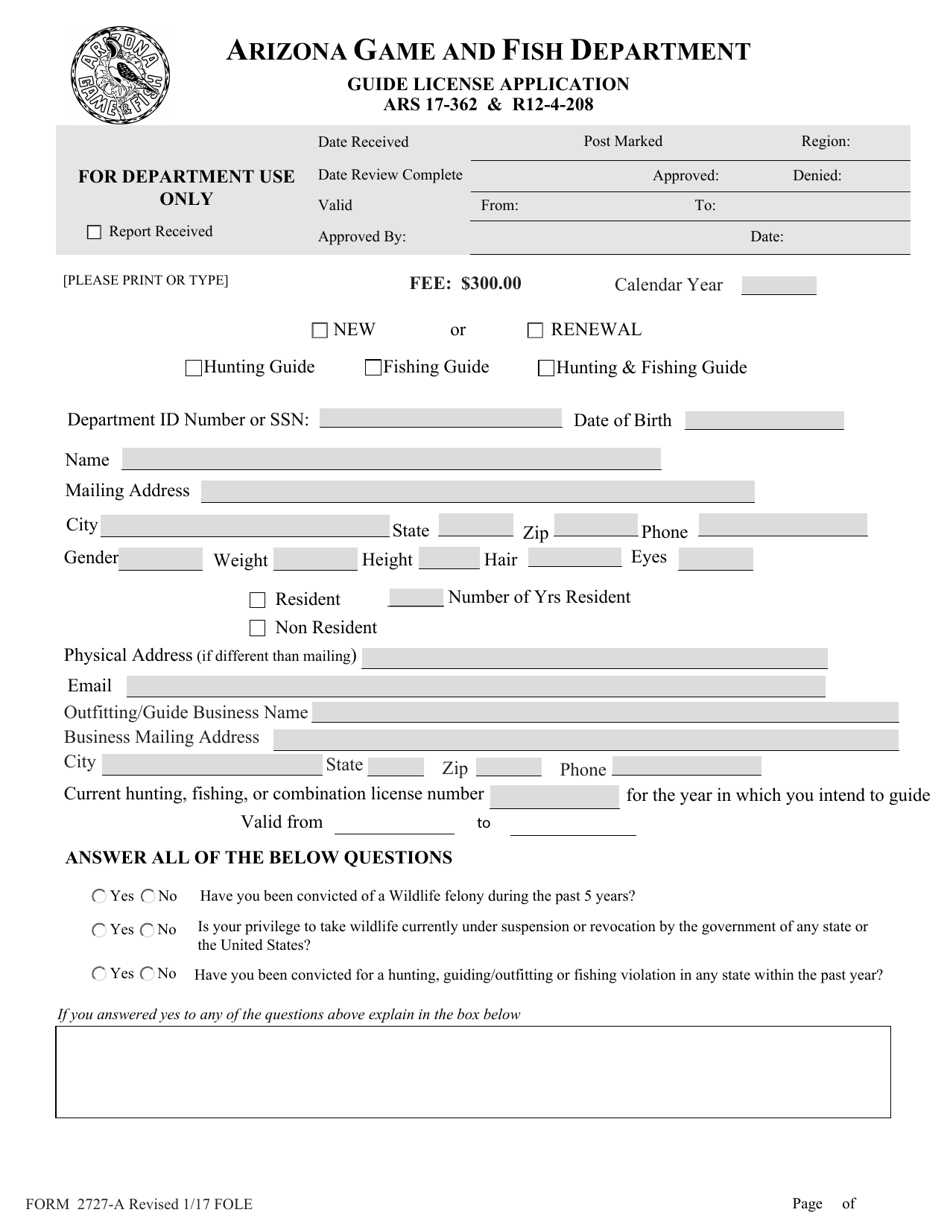 Form 2727-A Guide License Application - Arizona, Page 1