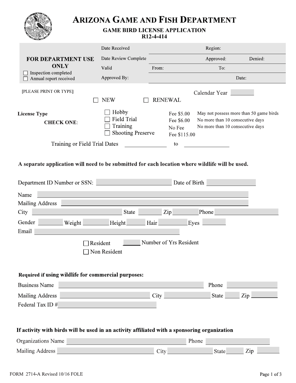 Form 2714-A Game Bird License Application - Arizona, Page 1