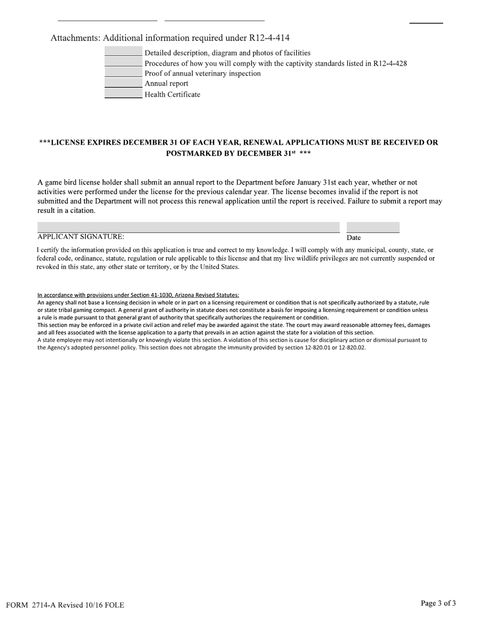 Form 2714-A Game Bird License Application - Arizona, Page 3