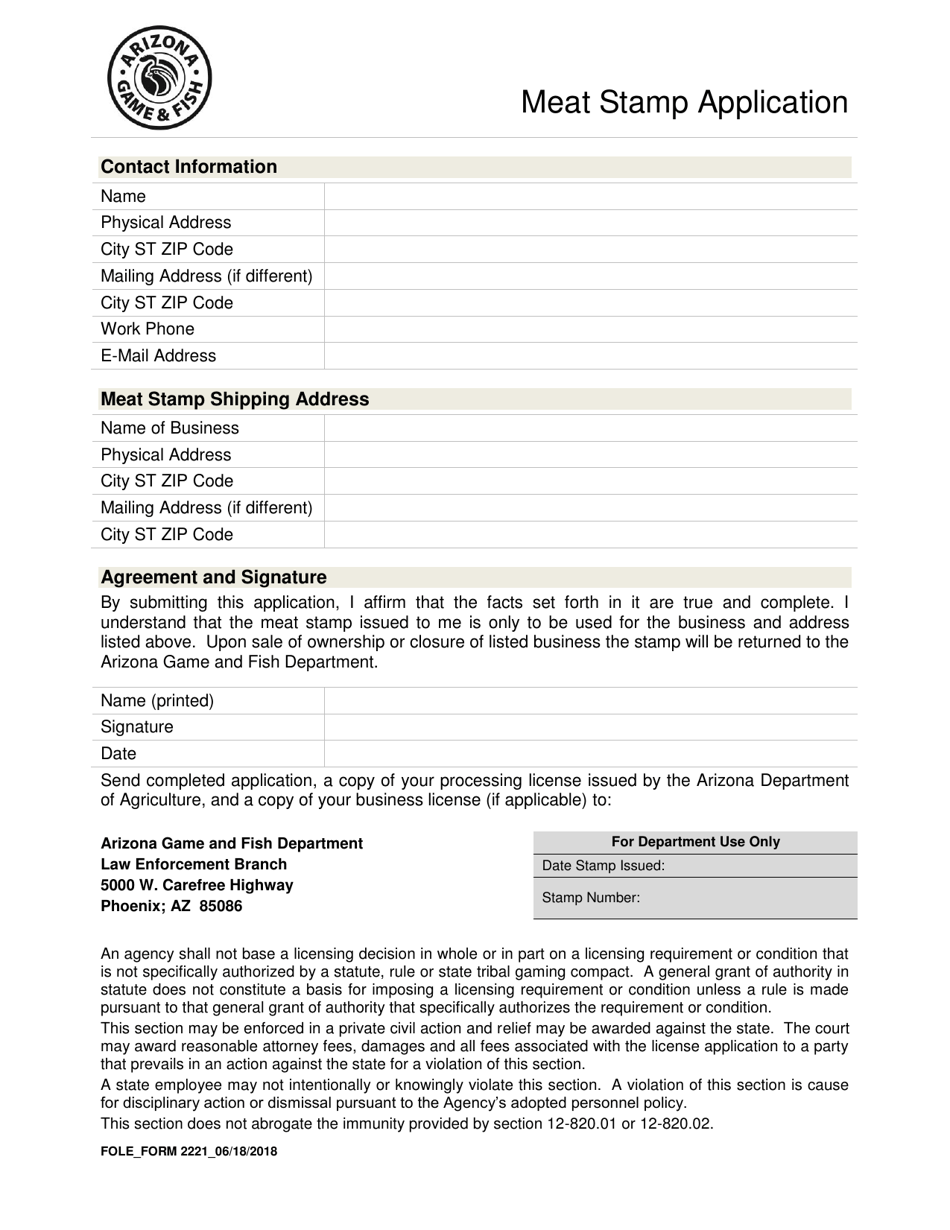 Form 2221 Meat Stamp Application - Arizona, Page 1