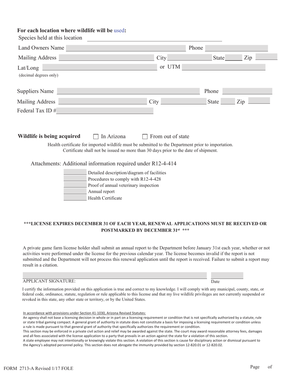 Form 2713-A Private Game Farm License Application - Arizona, Page 2