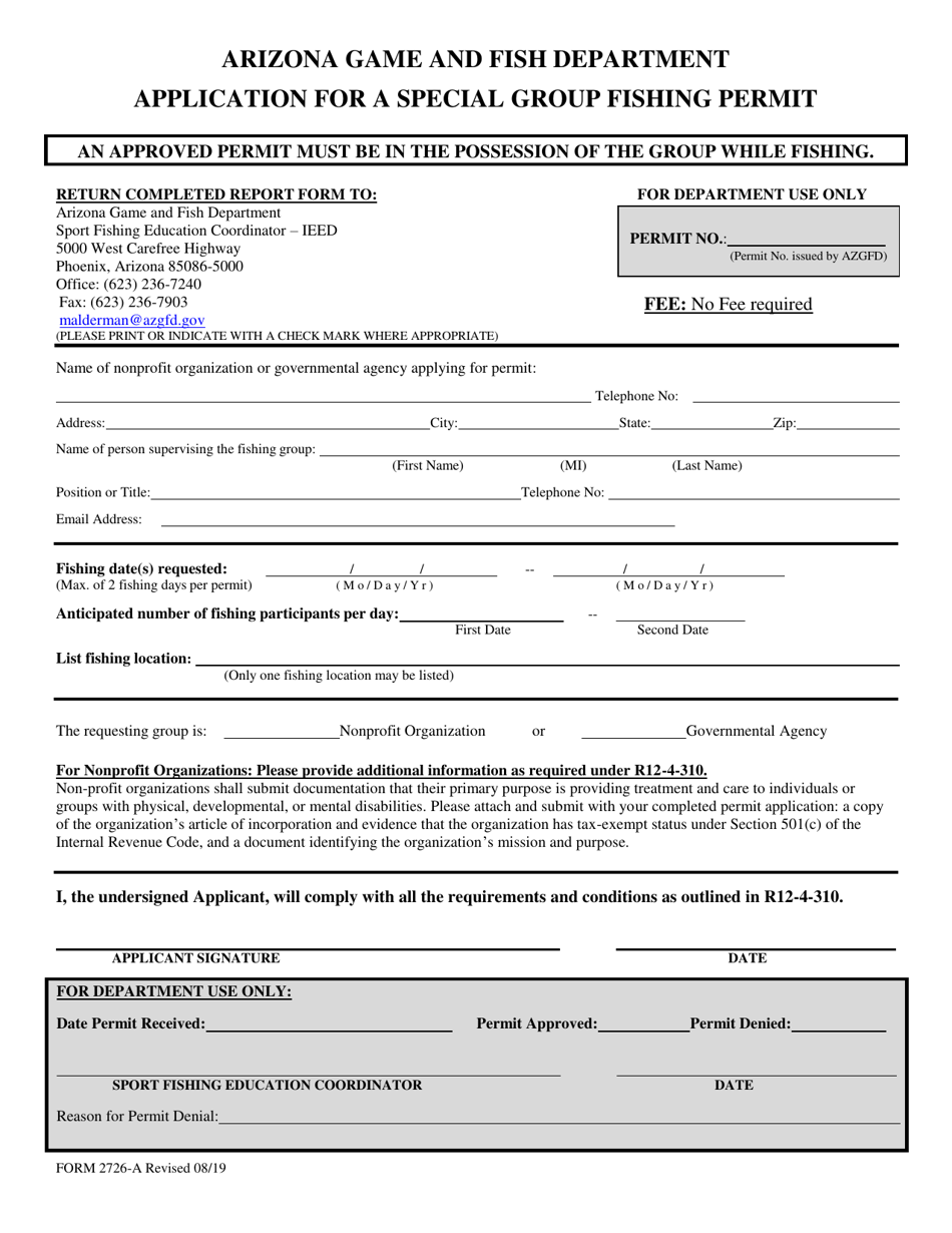 Form 2726-A Application for a Special Group Fishing Permit - Arizona, Page 1
