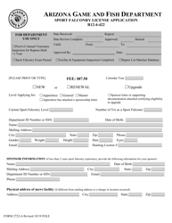 Document preview: Form 2722-A Sport Falconry License Application - Arizona