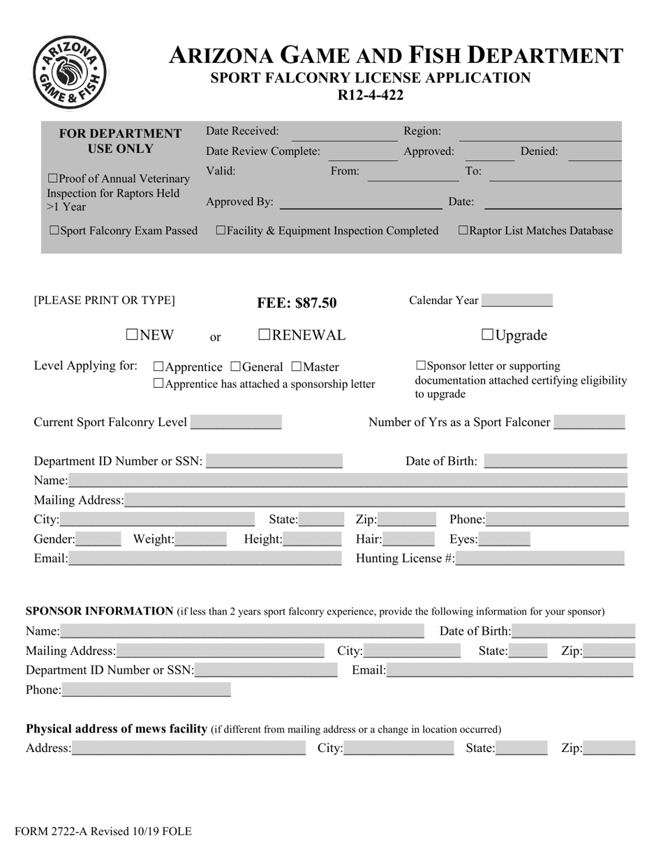 Form 2722-A Sport Falconry License Application - Arizona, Page 1