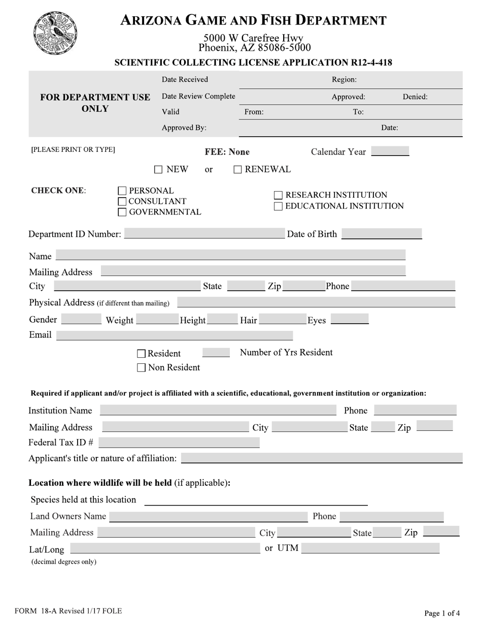 Form 18-A Scientific Collecting License Application - Arizona, Page 1