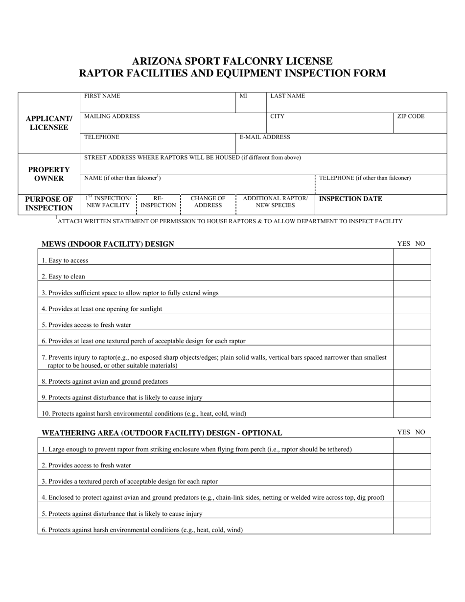 Arizona Arizona Sport Falconry License Raptor Facilities and