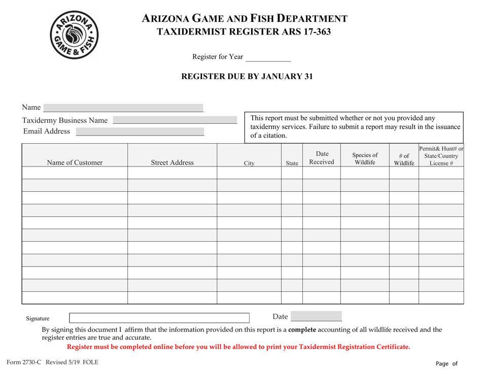 Form 2730-C Taxidermist Register - Arizona, Page 1