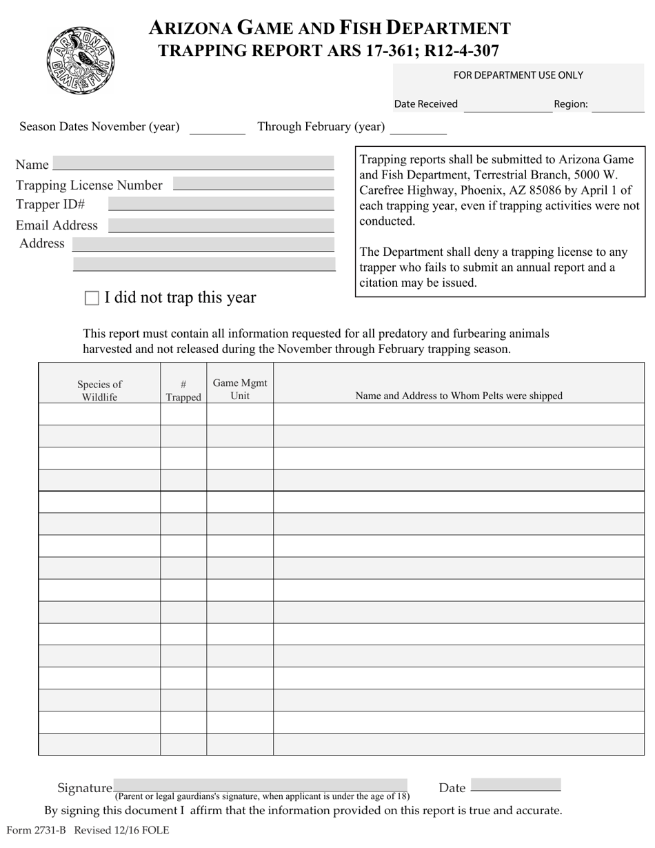 Form 2731-B Trapping Report - Arizona, Page 1