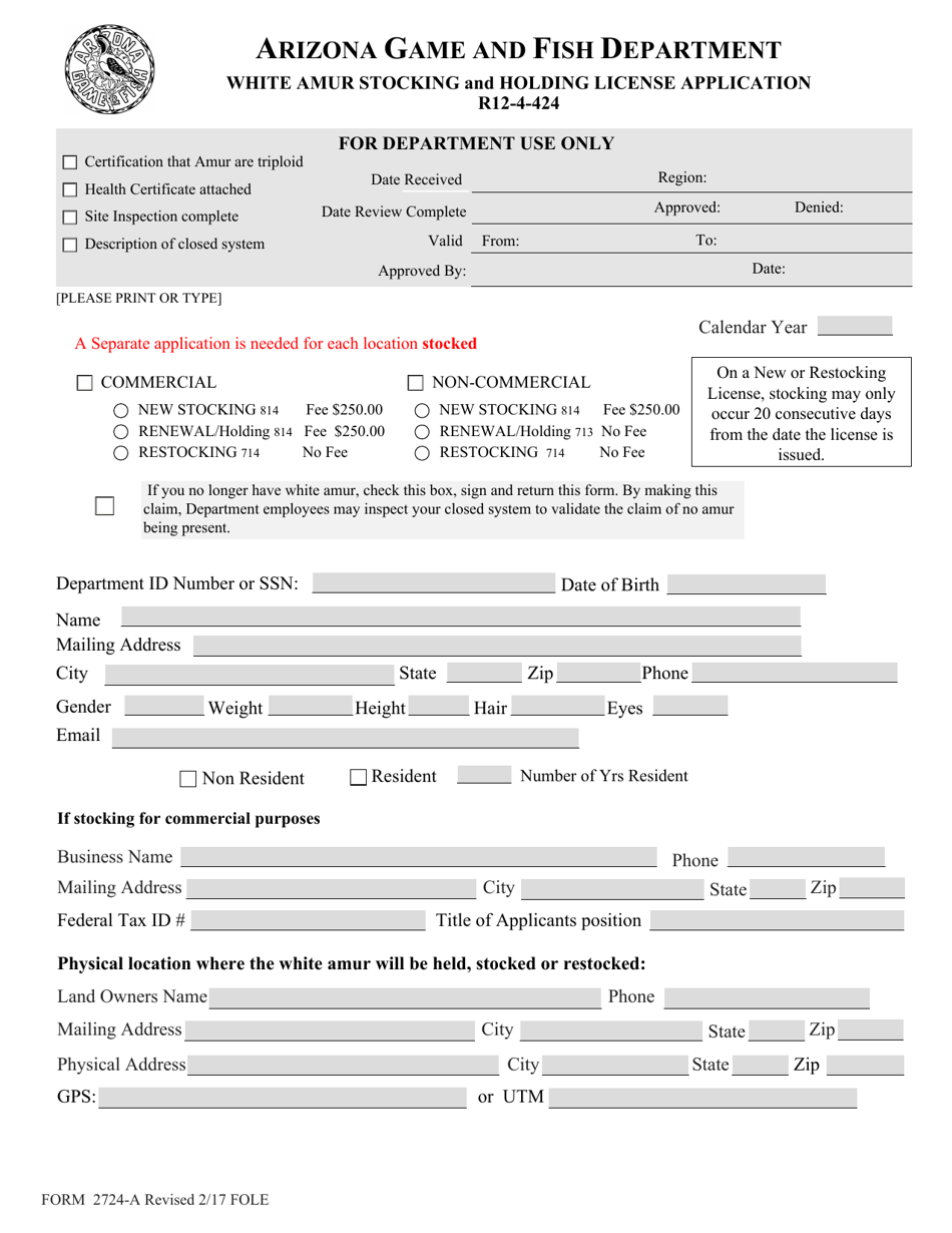 Form 2724-A White Amur Stocking and Holding License Application - Arizona, Page 1