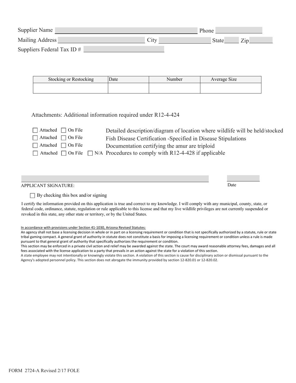 Form 2724-A White Amur Stocking and Holding License Application - Arizona, Page 2