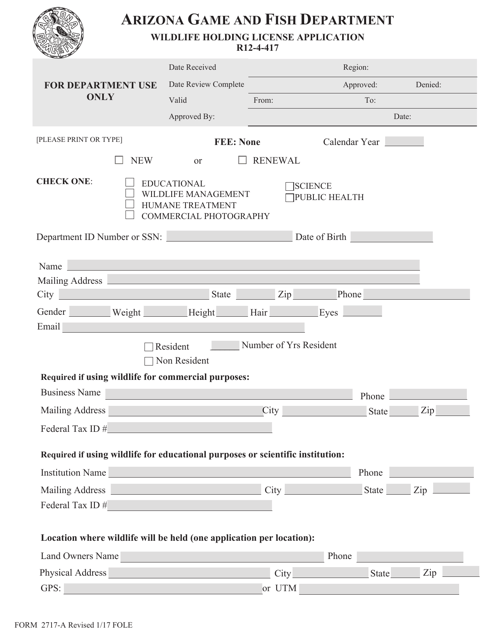 Form 2717-A Wildlife Holding License Application - Arizona