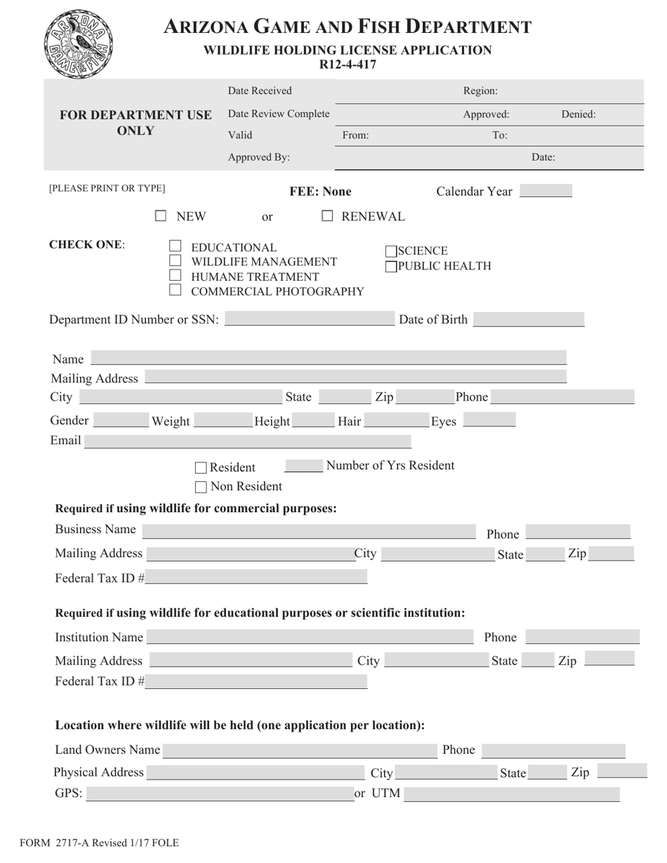 Form 2717-A Wildlife Holding License Application - Arizona, Page 1