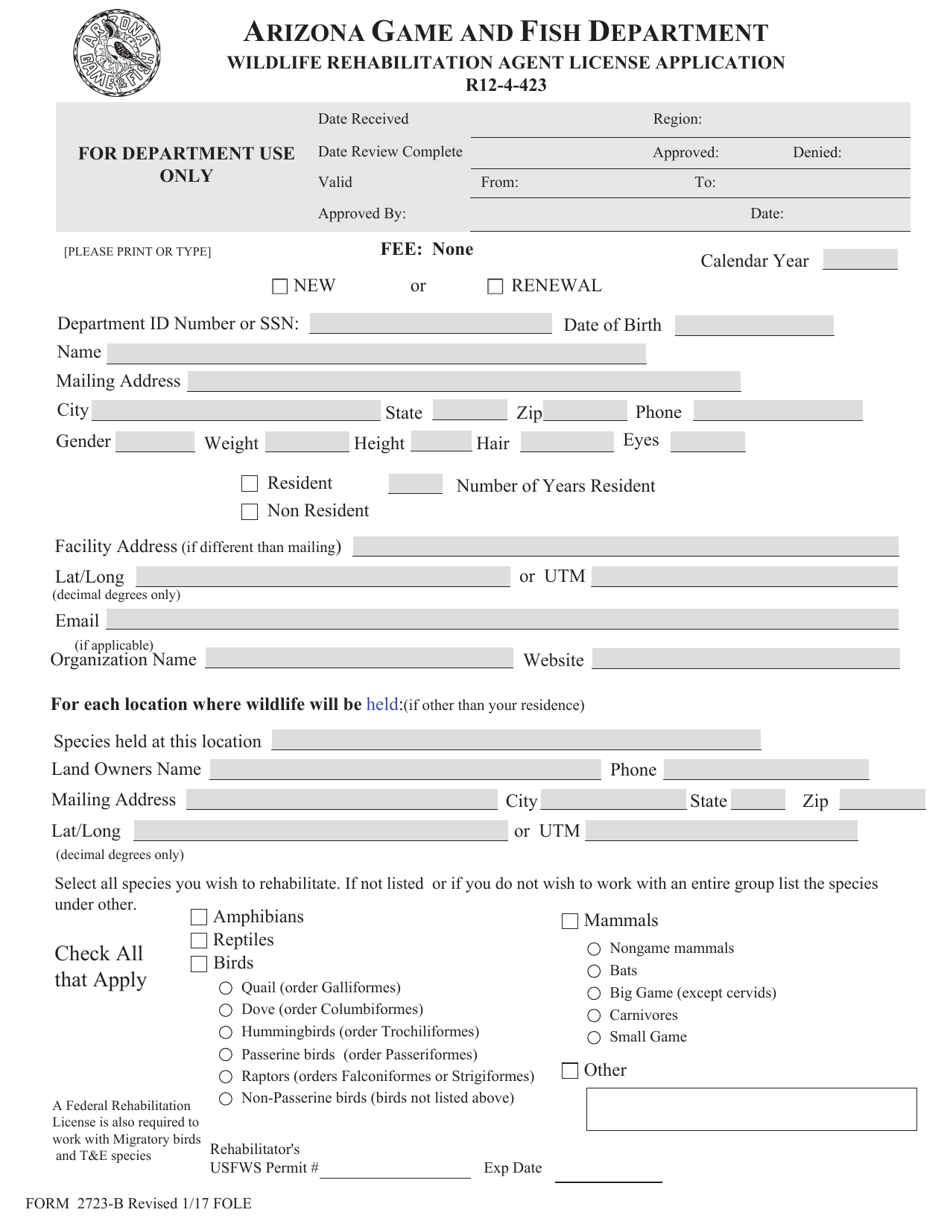 Form 2723-B Wildlife Rehabilitation Agent License Application - Arizona, Page 1