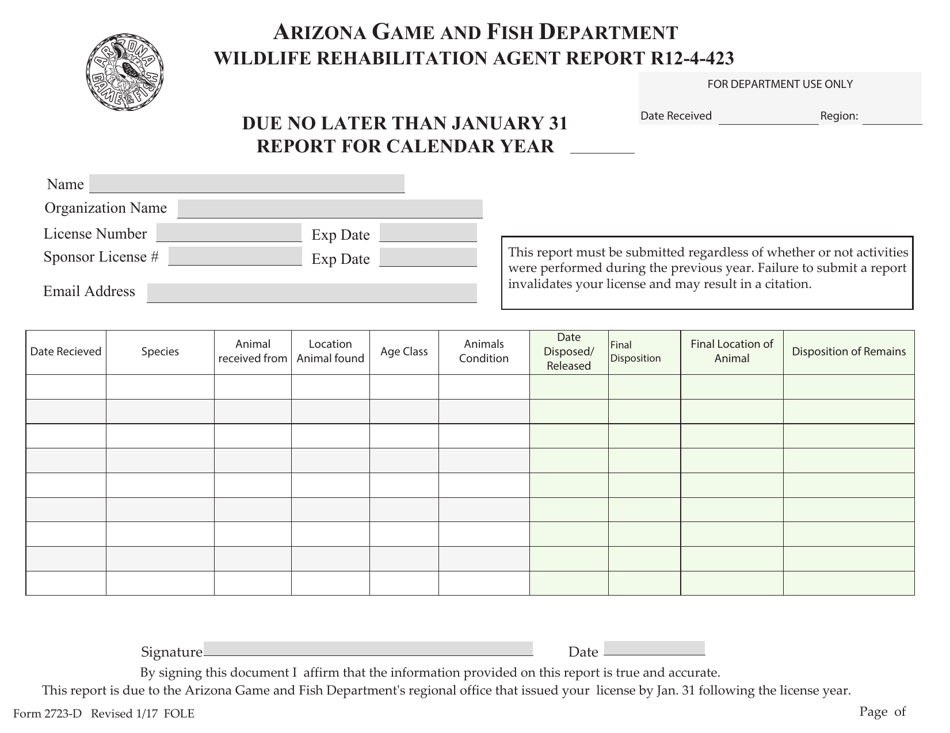 Form 2723-D Wildlife Rehabilitation Agent Report - Arizona, Page 1