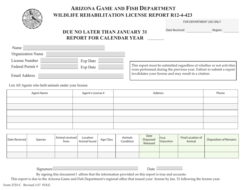 Form 2723-C Wildlife Rehabilitation License Report - Arizona
