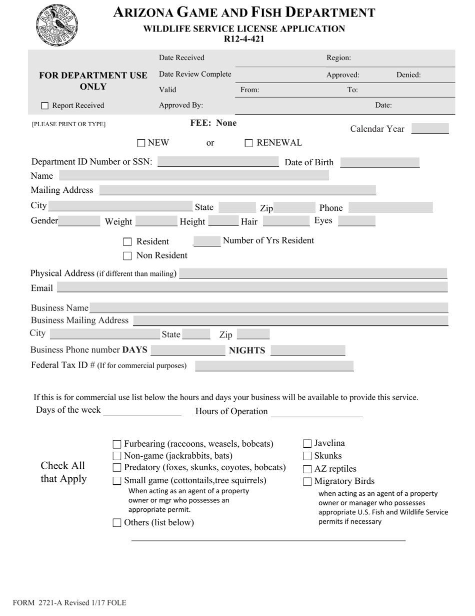 Form 2721-A Wildlife Service License Application - Arizona, Page 1