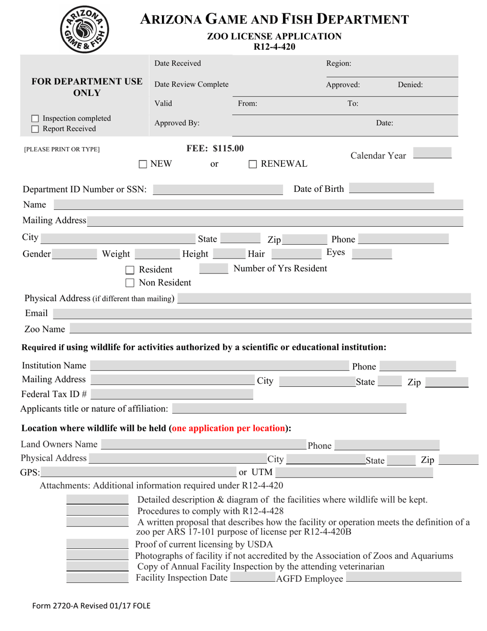 Form 2720-A Zoo License Application - Arizona, Page 1