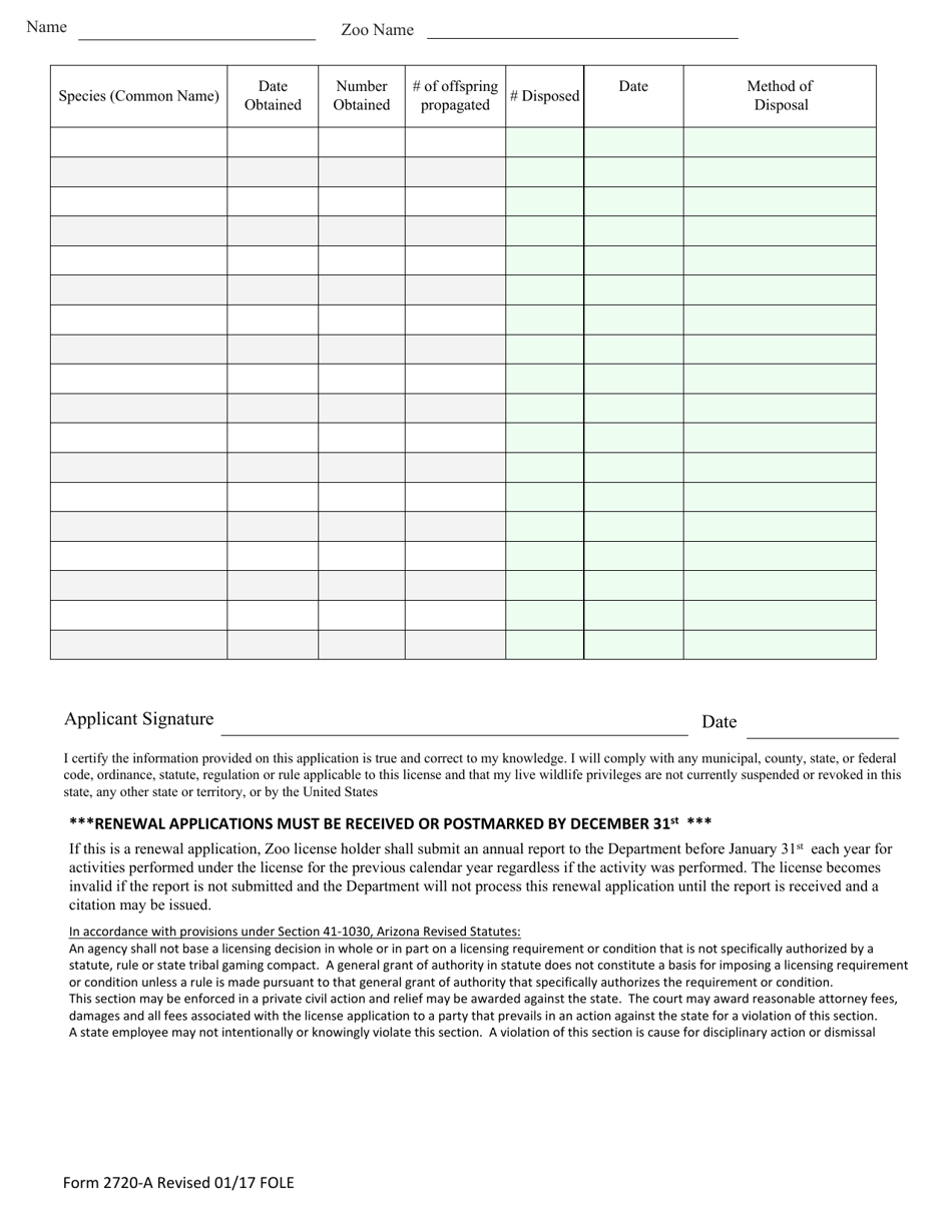 Form 2720-A Zoo License Application - Arizona, Page 3