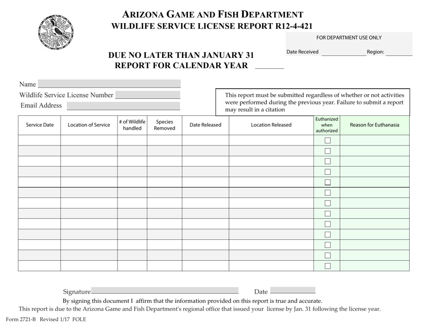 Form 2721-B Wildlife Service License Report - Arizona