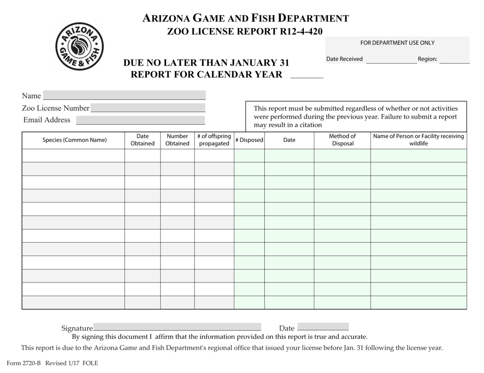 Form 2720-B Zoo License Report - Arizona, Page 1