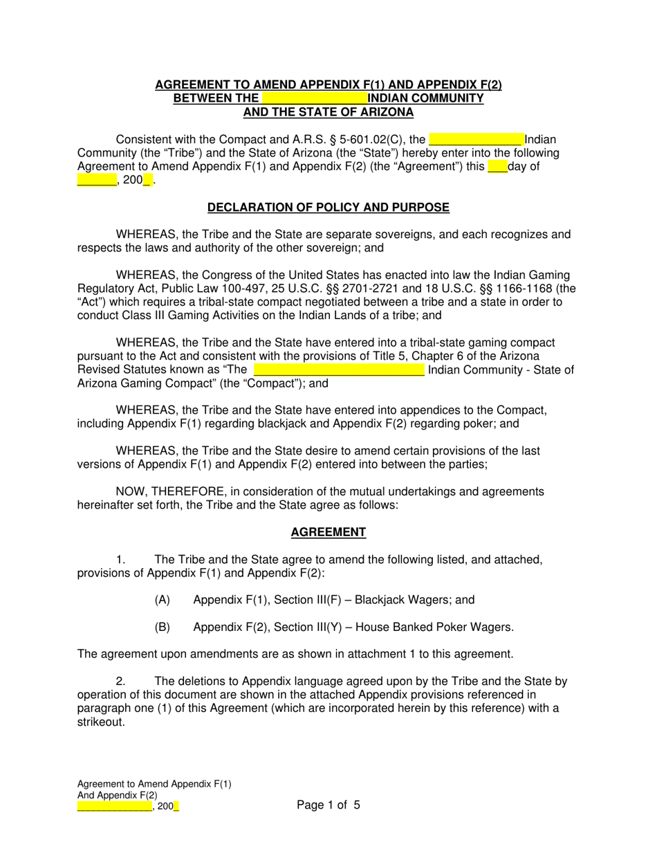 Arizona Agreement to Amend Appendix F(1) and Appendix F(2) Between the ...
