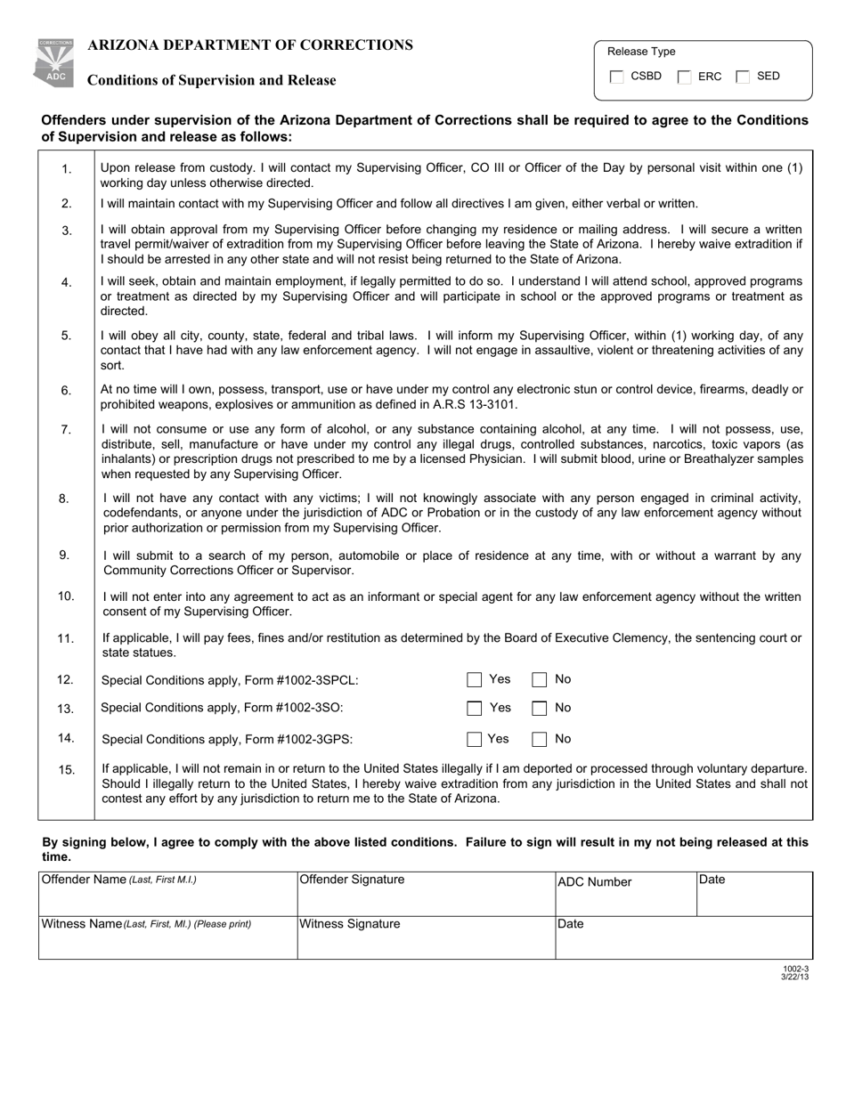 Form 1002-3 Conditions of Supervision and Release - Arizona, Page 1