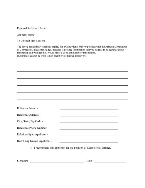 Personal Reference Letter - Arizona Download Pdf