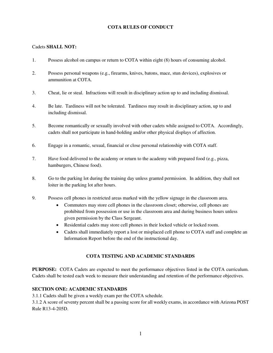 Acknowledgement of Cota Rules of Conduct Cota Testing and Academic Standards - Arizona, Page 1