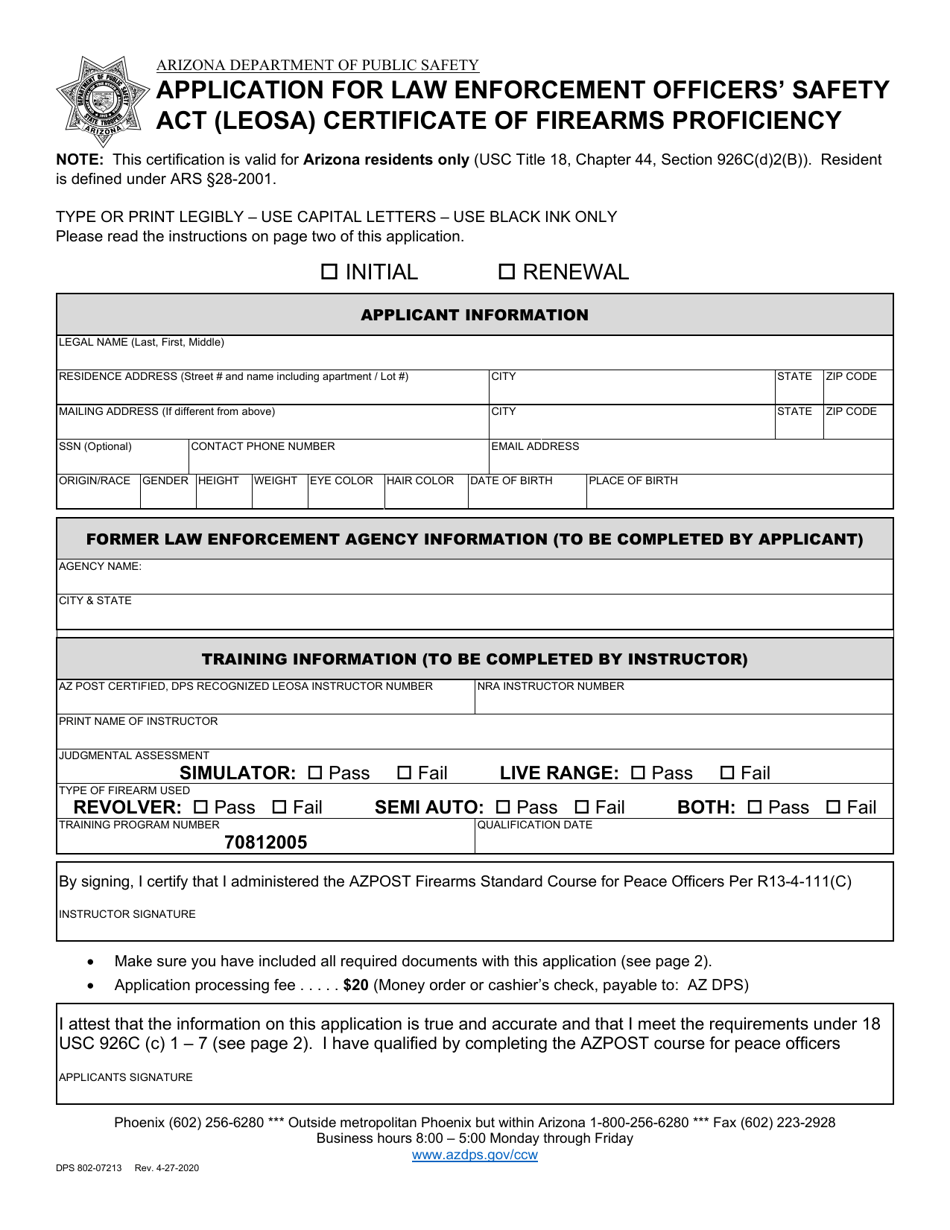 Form DPS802-07213 Application for Law Enforcement Officers Safety Act (Leosa) Certificate of Firearms Proficiency - Arizona, Page 1