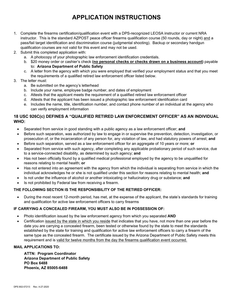 Form DPS802-07213 Application for Law Enforcement Officers Safety Act (Leosa) Certificate of Firearms Proficiency - Arizona, Page 2