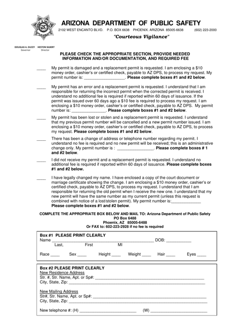 Change Name/Address/Lost/Stolen/Damaged/Non-receipt of Permit/Error on Permit - Arizona