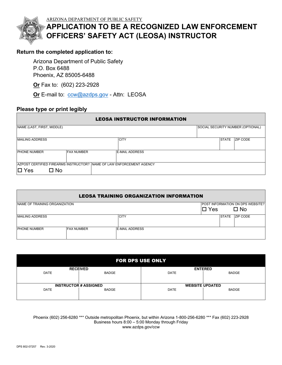Form DPS802-07257 Application to Be a Recognized Law Enforcement Officers Safety Act (Leosa) Instructor - Arizona, Page 1